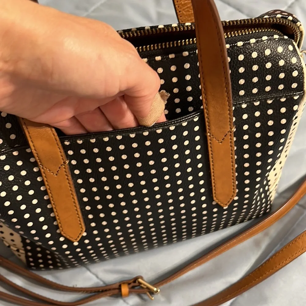 Fossil Black and White Polka Dot Bag with Tan Accents - Picture 2 of 14